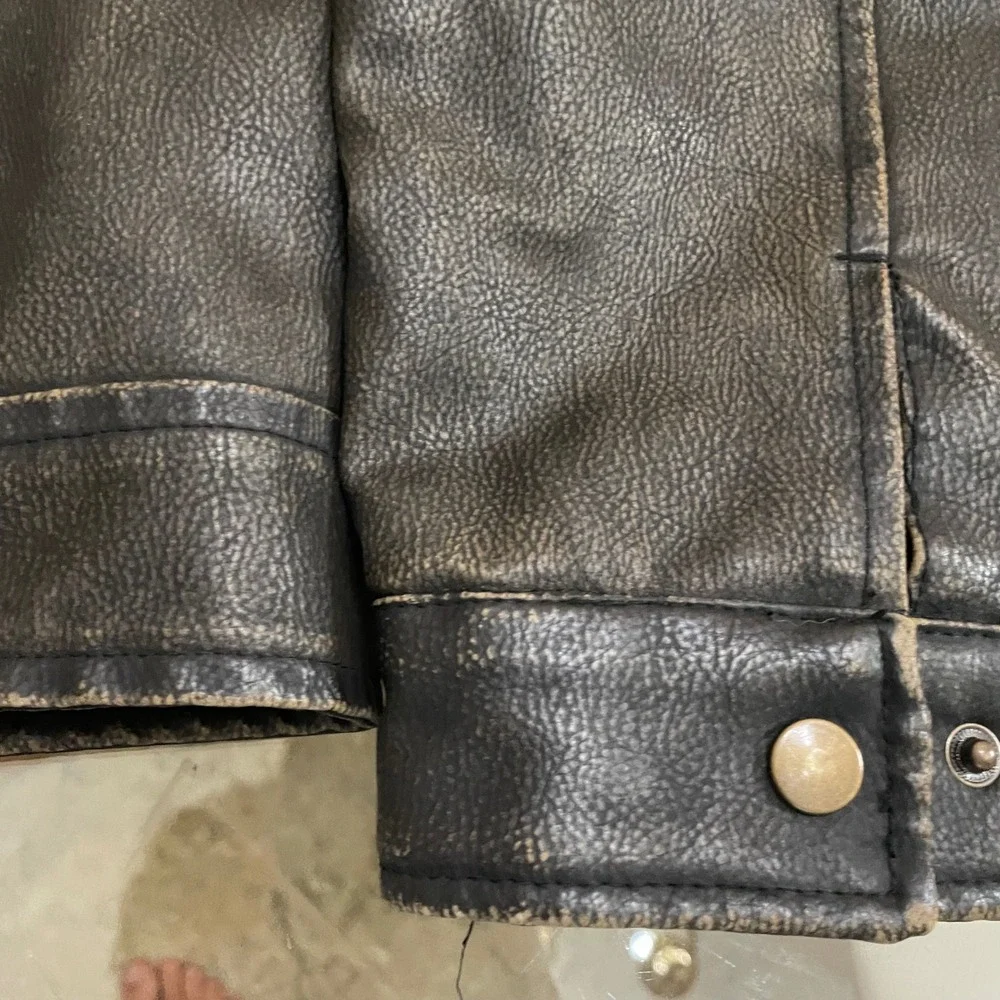 Arizona Jean Co Mens Faux Leather Distressed Moto Jacket Brown Large L/G Zip Up